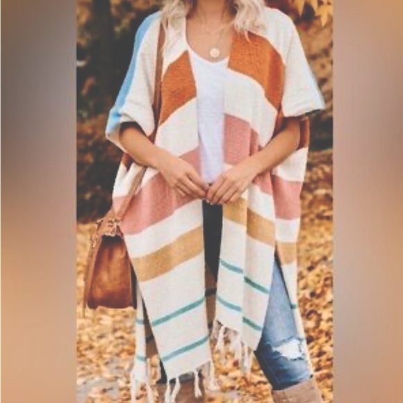 Anthropologie By Together Colorful Striped Kimono Cardigan with fringe size S/M - Picture 1 of 12